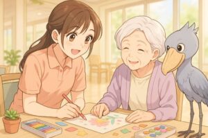 介護職員と利用者が一緒に創作レクリエーションを楽しむイメージ