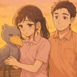 夕暮れの帰り道、ハシビロコウを抱えて思い悩む介護職1年目の女性と寄り添う先輩
