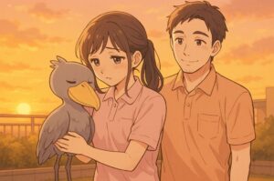 夕暮れの帰り道、ハシビロコウを抱えて思い悩む介護職1年目の女性と寄り添う先輩