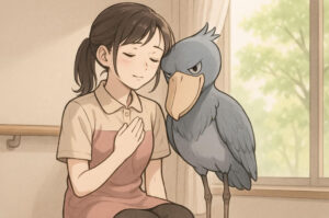 胸に手を当てて自分の心と向き合う介護職の女性に静かに寄り添うハシビロコウ