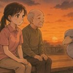 夕焼けの縁側で利用者と並んで座り、言葉を交わさず穏やかな時間を過ごす介護職の女性とハシビロコウ