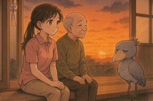 夕焼けの縁側で利用者と並んで座り、言葉を交わさず穏やかな時間を過ごす介護職の女性とハシビロコウ