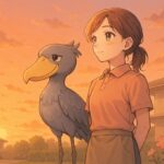 夕焼けを背に前を向く介護職の女性と寄り添うハシビロコウ