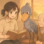 夕暮れの談話室で利用者に本を読み聞かせる介護職の女性とハシビロコウ