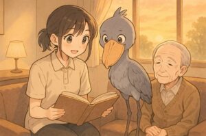 夕暮れの談話室で利用者に本を読み聞かせる介護職の女性とハシビロコウ
