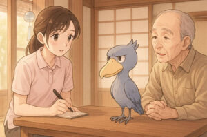 ケアマネが高齢男性とハシビロコウと向き合うシーン