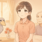 介護職員が不安そうな表情でハシビロコウと並んでいるシーン