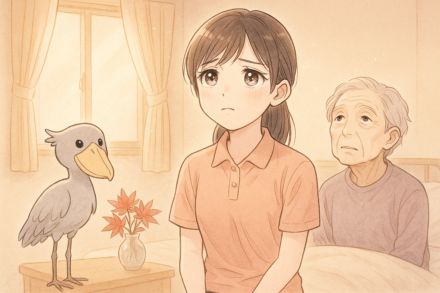 介護職員が不安そうな表情でハシビロコウと並んでいるシーン