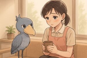 ひとりで抱え込んでしまう介護職員に寄り添うハシビロコウ