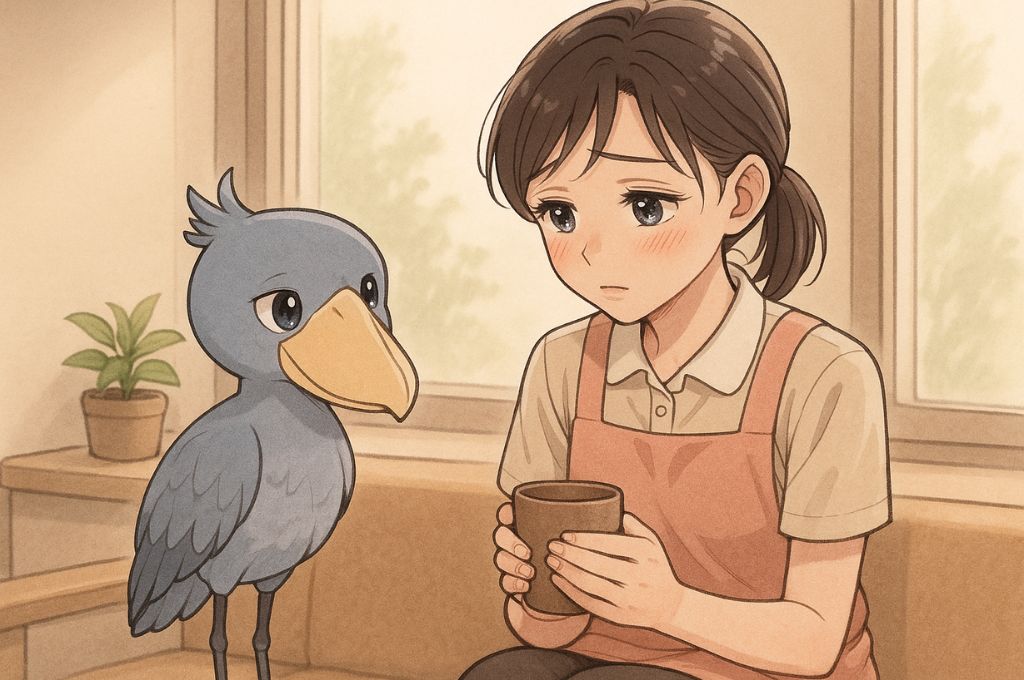 ひとりで抱え込んでしまう介護職員に寄り添うハシビロコウ