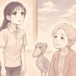 限界を感じている介護職員とハシビロコウのイラスト