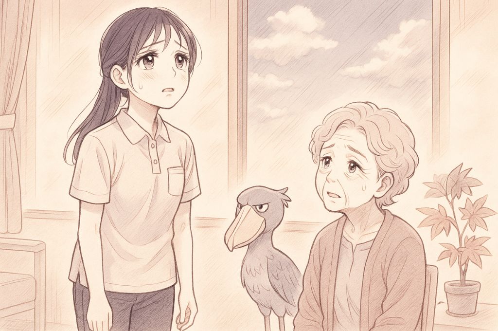 限界を感じている介護職員とハシビロコウのイラスト